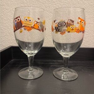 Vintage Libbey Hoot Owl And Friends Glass Goblet From 1980s 7.25'' Set Of 2
